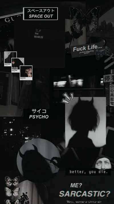Grainy anime stills and torn photo strips layered on near-black, Japanese katakana above translations like SPACE OUT and PSYCHO, a silhouetted girl at the centre right.