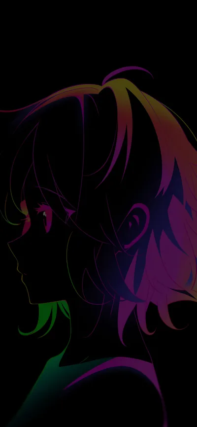 An anime girl faces left in near silhouette, her hair edged in magenta and her collar in green, everything else sinking into black.