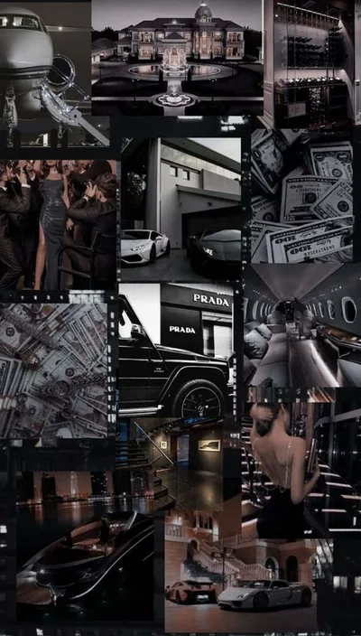 A tall grid mixes a Prada storefront, banded dollar stacks and a black G-Wagon, each cell graded charcoal so clock and status bar stay readable at the top.