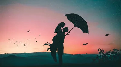 A man lifts a woman off her feet under an open umbrella, both in full silhouette against a teal and coral sky with birds scattering to the left.