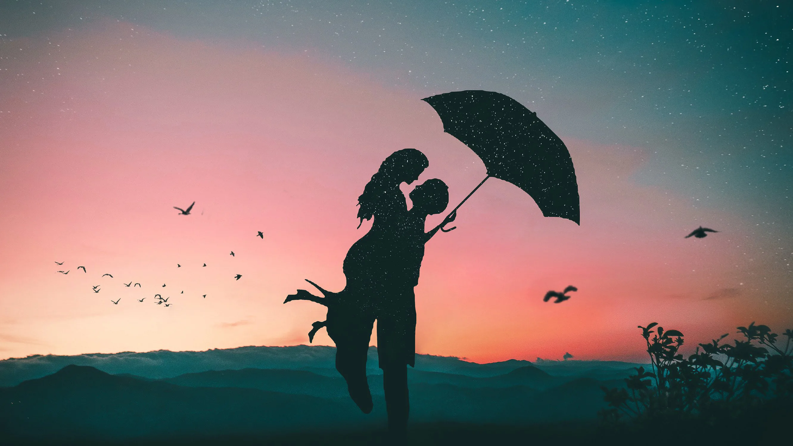 A man lifts a woman off her feet under an open umbrella, both in full silhouette against a teal and coral sky with birds scattering to the left.