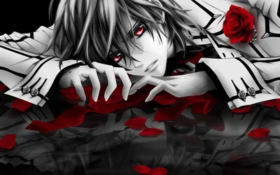 A pale anime boy rests his head on his arms with red eyes and a rose beside him, petals scattered over a black reflective floor.