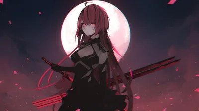 A red moon sits directly behind her head as she stands in black straps and buckles, twin blades crossed at her back and petals drifting past.