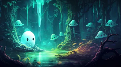 Deep in a glowing mushroom forest, a little ghost wades through a pool, the dark teal canopy keeping white text readable.