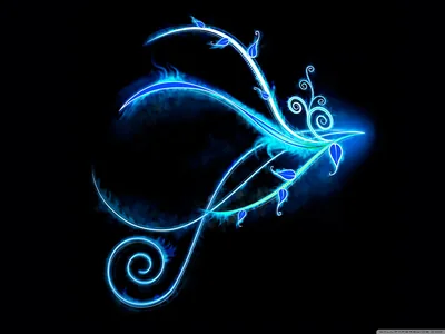 A curling blue flourish with spiral tips glows over a dark orb, most of the frame left in plain black.