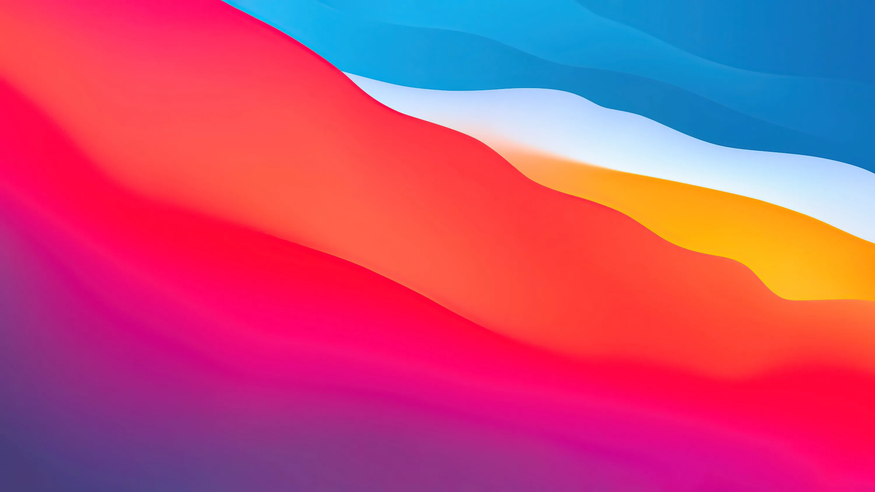 Layered waves in coral, magenta and orange sweep under a sky blue ridge in the flat macOS Big Sur style, the smooth pink centre leaving room for icons.