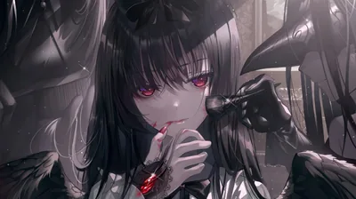 Straight black hair and red eyes, a gloved hand lifting something small and red to her mouth, the rest of the scene left in cold grey shadow.