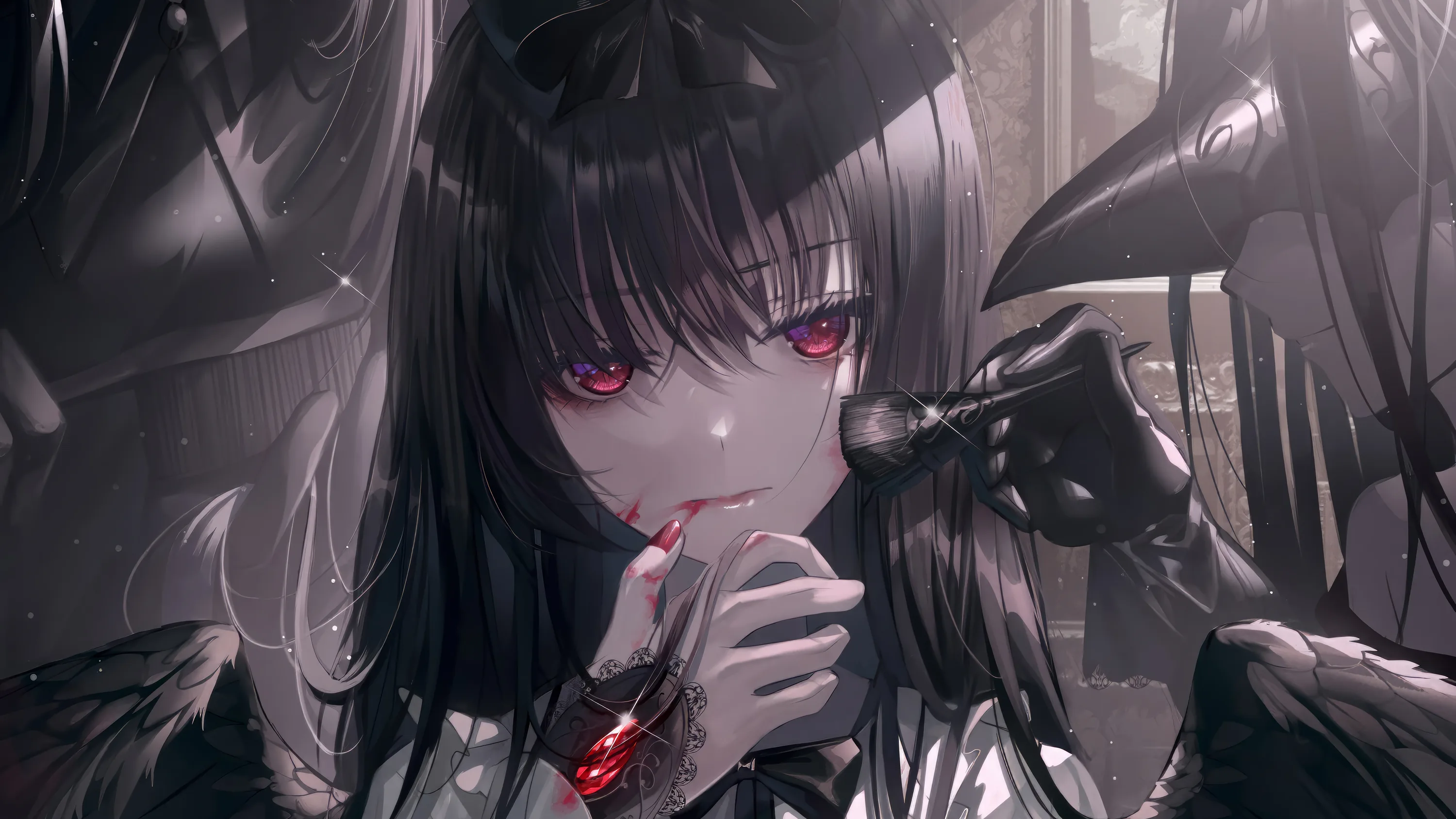 Straight black hair and red eyes, a gloved hand lifting something small and red to her mouth, the rest of the scene left in cold grey shadow.