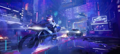 A rider guns her bike down a blue city canyon, motion blur smearing the shopfronts while the road ahead stays open at centre frame.