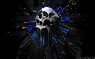 Blue glass fragments fly outward behind a grey skull that melts into drips below the jaw, everything set against flat black.