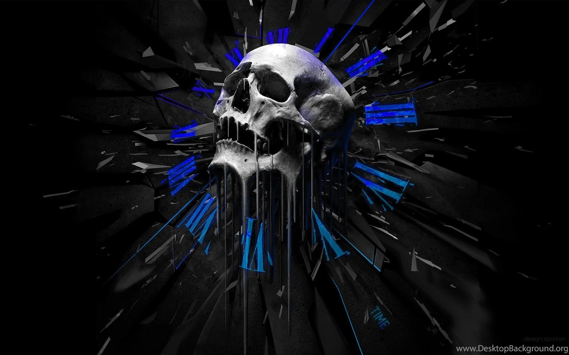 Blue glass fragments fly outward behind a grey skull that melts into drips below the jaw, everything set against flat black.