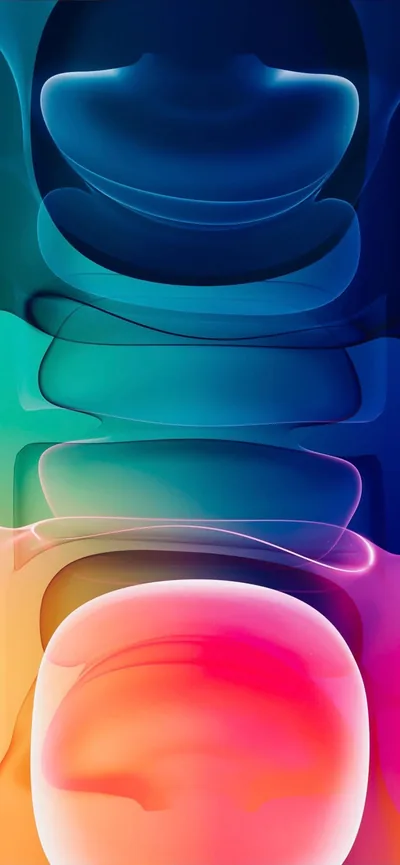 Apple's iPhone 12 blobs stack in bands of blue, teal, green and pink down the frame, the glossy magenta bubble anchoring the bottom third.
