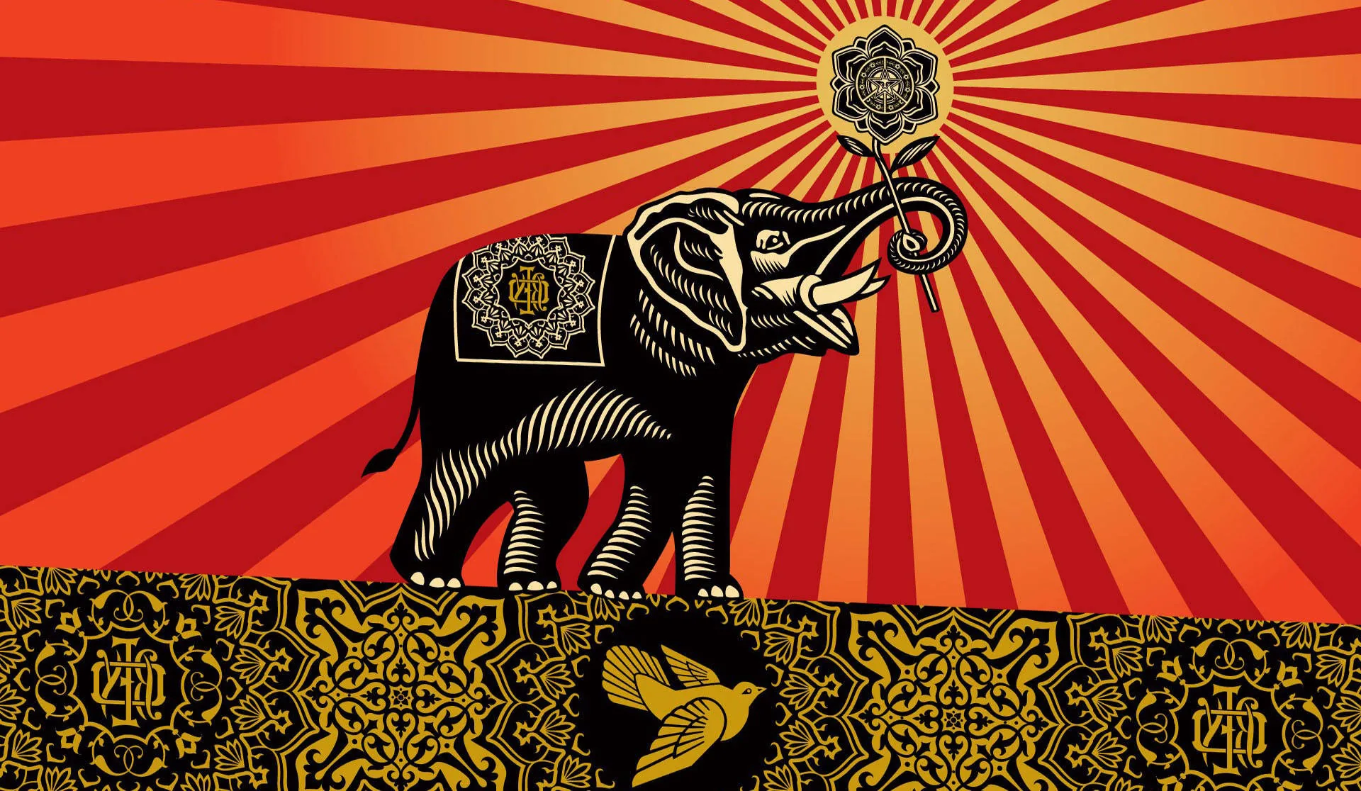 Screen-print elephant walking across red sun rays, an ornate gold and black border running along the bottom of the poster.