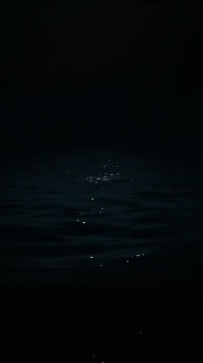 Small points of light break across low swells of dark sea, the horizon lost so the top third of the frame stays empty.