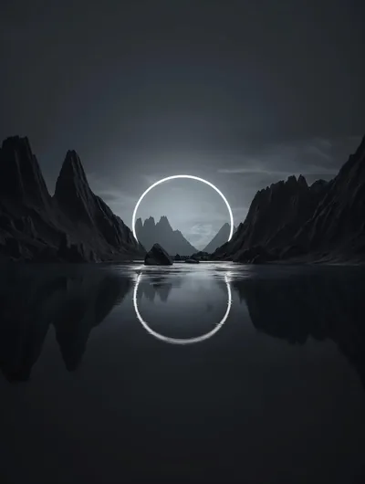 A thin glowing circle hangs between jagged peaks and doubles perfectly in the still water below, the whole scene rendered in cold monochrome.