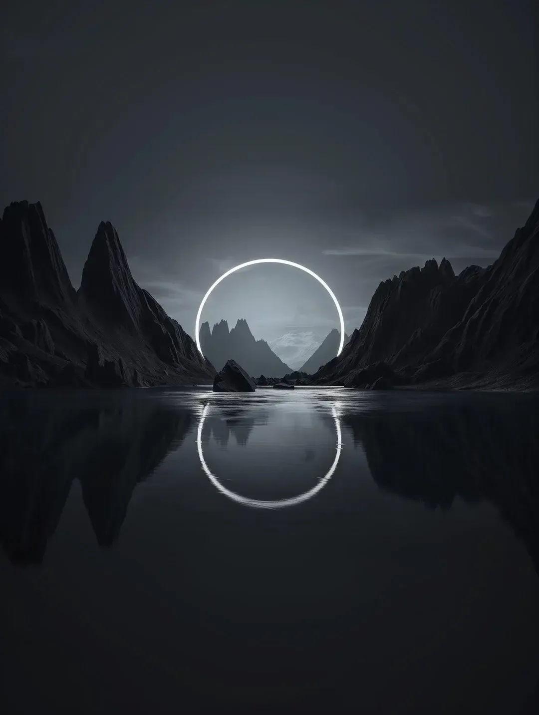 A thin glowing circle hangs between jagged peaks and doubles perfectly in the still water below, the whole scene rendered in cold monochrome.