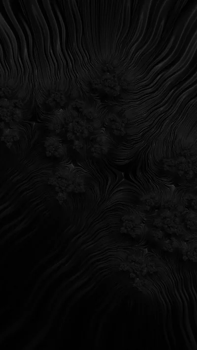 Fine ripples run in long curves down the frame with two darker soot-like blooms breaking the pattern, the whole surface kept a shade off pure black.
