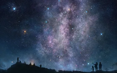 Small figures stand on a dark ridge at both bottom corners, looking up at a violet galactic band that fills the centre of the sky.