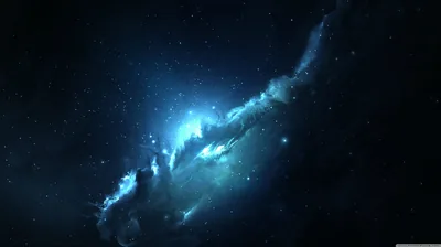 A faint blue gas plume glows like backlit ice in near-black space, the right half of the frame left dark enough for OLED screens and icons.