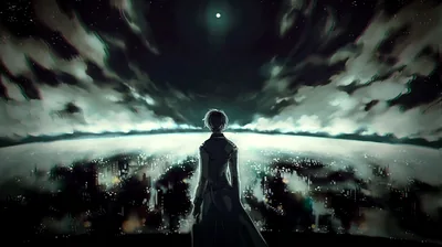 A lone figure looks out over a dim field while dark green clouds spiral overhead around one small point of moonlight.