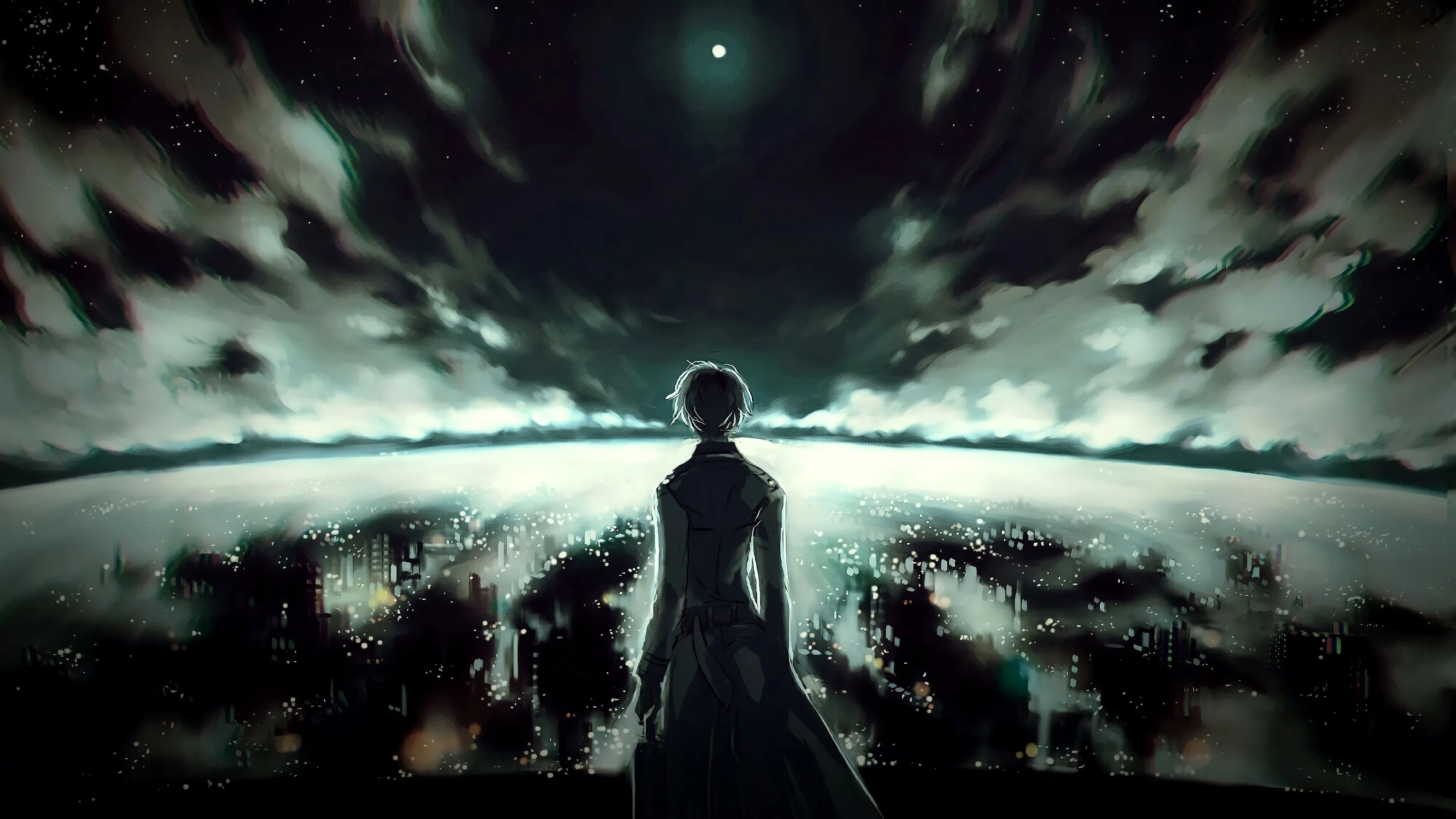 A lone figure looks out over a dim field while dark green clouds spiral overhead around one small point of moonlight.