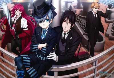 Four characters seated along a curved iron rail — top hat, red coat, black tailcoat and a blond boy at the far right, all in cool blue light.