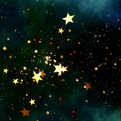 Five-pointed gold stars in many sizes drift across a murky green-black backdrop, a playful graphic treatment rather than a photograph.