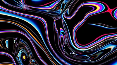 Molten black chrome folds over itself while thin rainbow neon lines trace every contour, deep enough in the blacks to sit well on OLED.