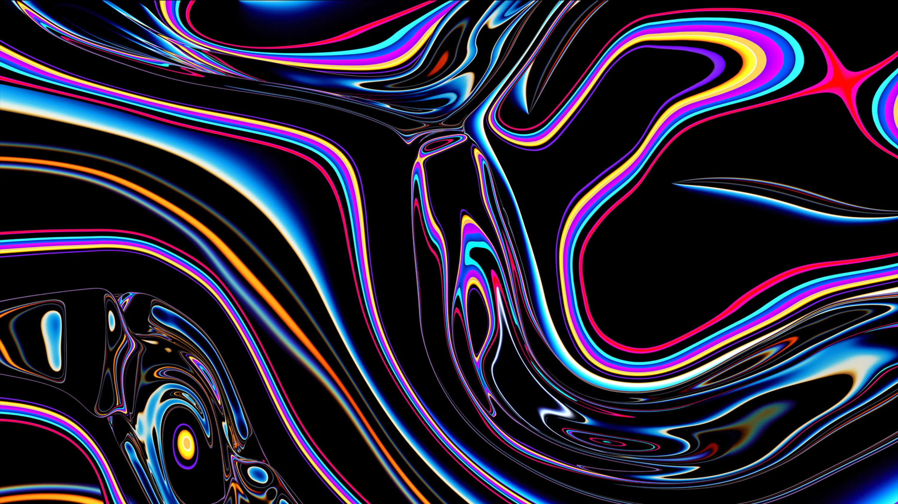 Molten black chrome folds over itself while thin rainbow neon lines trace every contour, deep enough in the blacks to sit well on OLED.