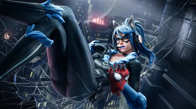 A masked game heroine in a blue and red suit crouches in a web strung across a dark rooftop, city lights blurred behind her.