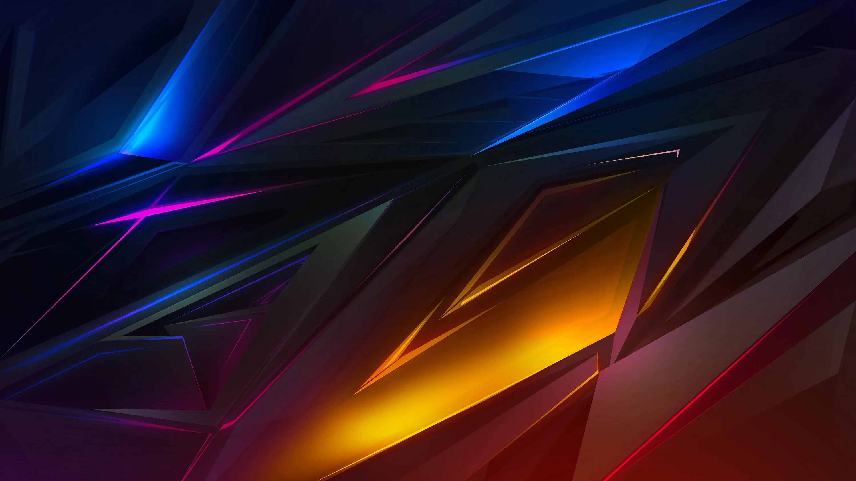 Angular black shards layer like armour plating, edges lit in electric blue, magenta, and amber, the strongest amber glow rising from the bottom centre.