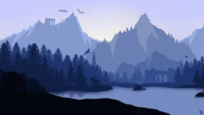 Winged shapes circle over blue mountain ruins while pine forest steps down to a river, everything drawn in cool flat layers of haze.