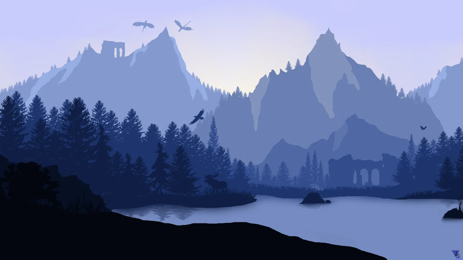 Winged shapes circle over blue mountain ruins while pine forest steps down to a river, everything drawn in cool flat layers of haze.