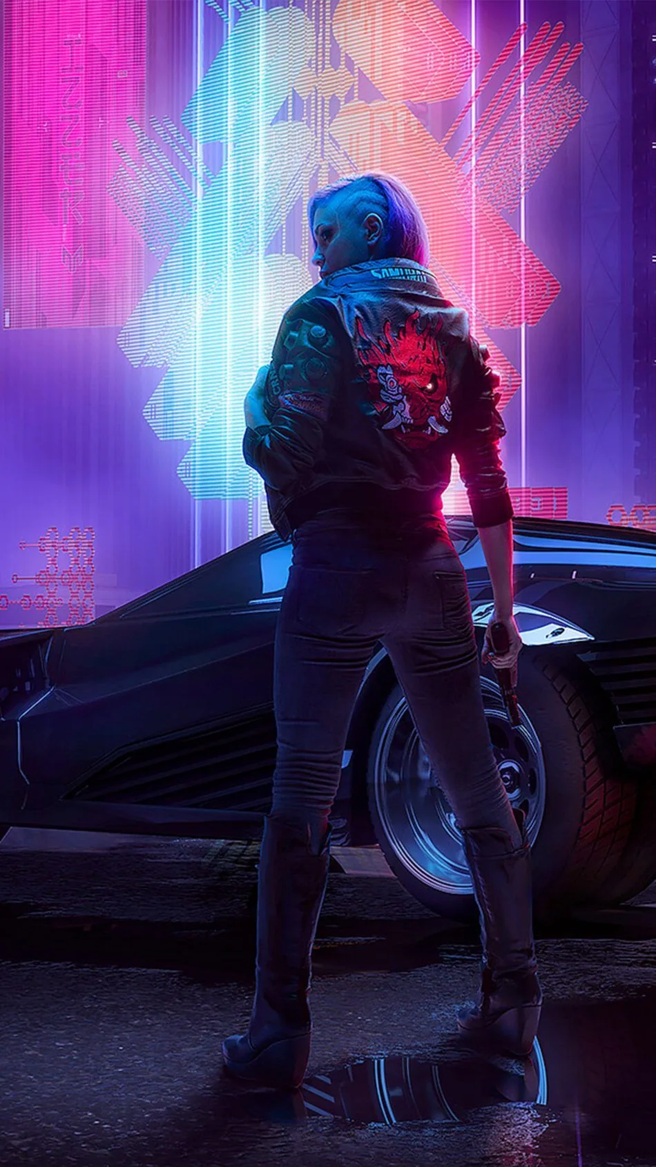 Female V stands with her back turned beside a low black car, magenta light bars streaking the wall behind, the dark floor at bottom good for icons.