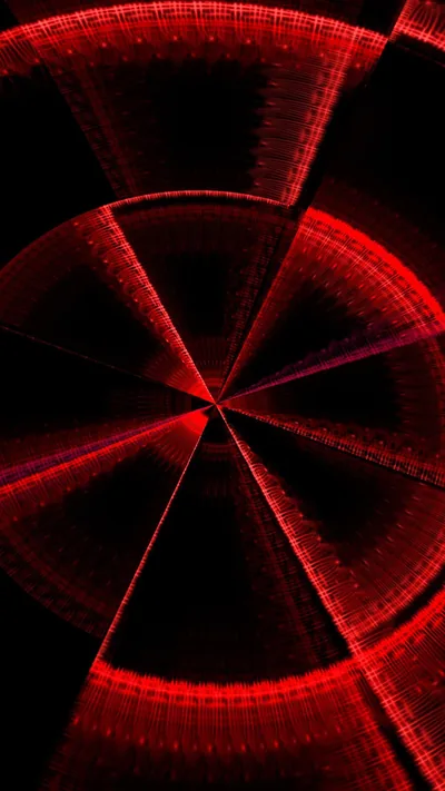 A wheel of red spokes opens from a single point, thin ribbed arcs fanning outward until they dissolve into black at the corners.