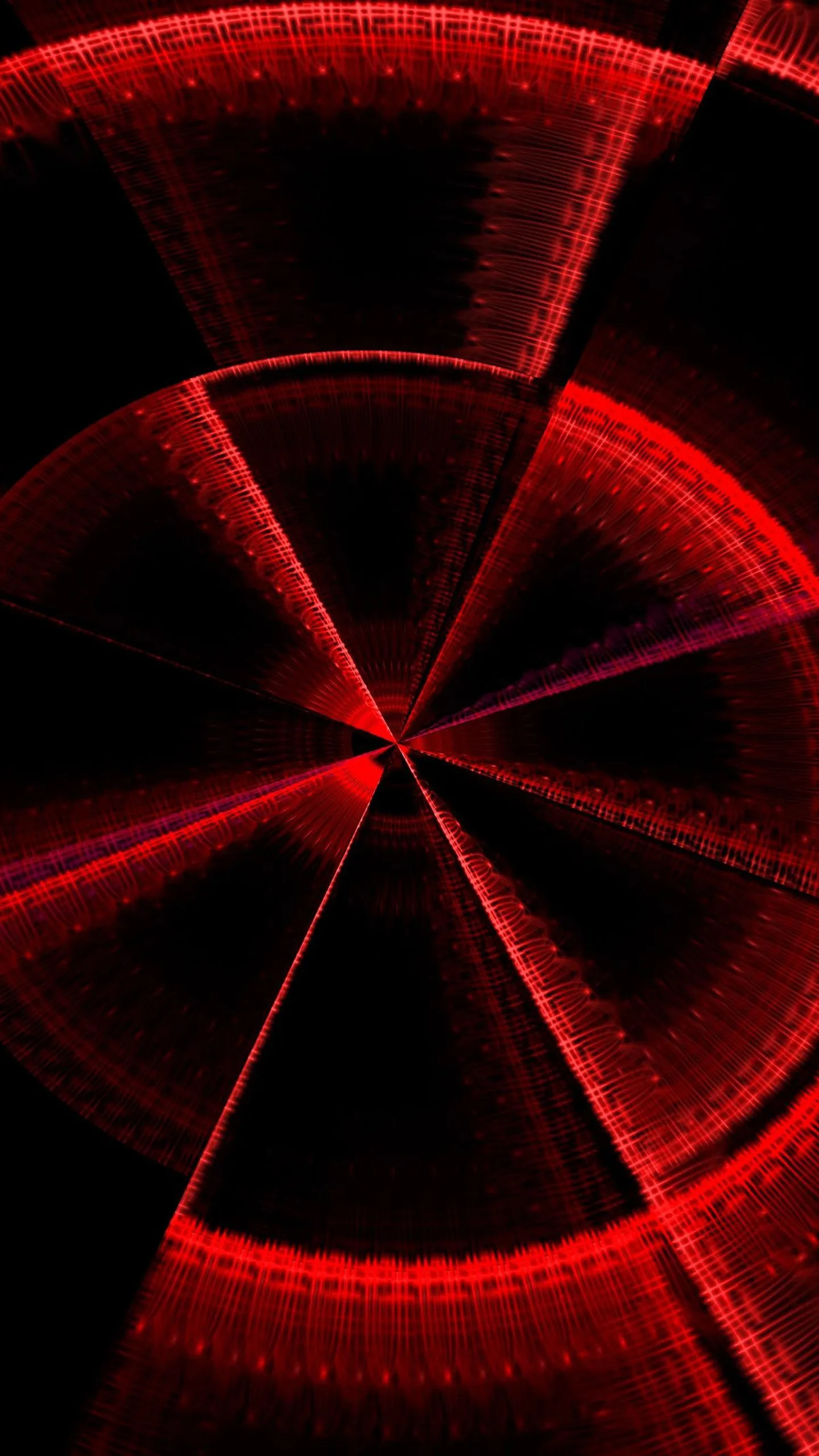 A wheel of red spokes opens from a single point, thin ribbed arcs fanning outward until they dissolve into black at the corners.