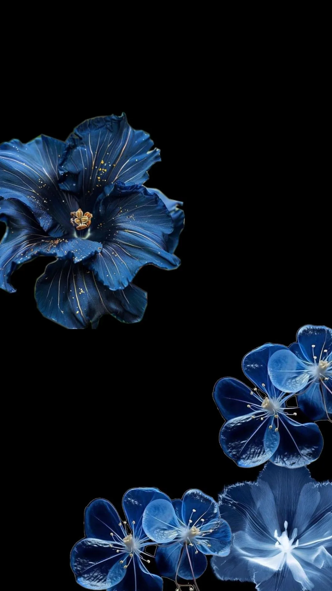 One large ruffled bloom hangs upper left while smaller translucent blossoms cluster at the bottom right, the whole top right quarter kept true black for the clock.