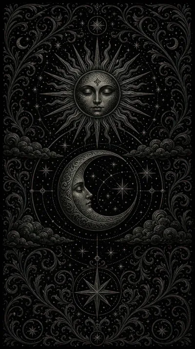 A carved sun and crescent moon sit stacked in an ornate border, stars and scrollwork filling the tall frame.