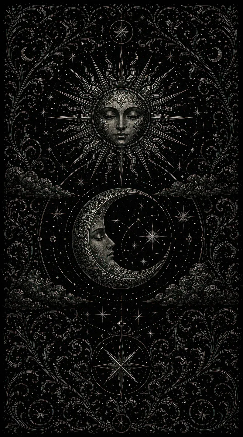 A carved sun and crescent moon sit stacked in an ornate border, stars and scrollwork filling the tall frame.