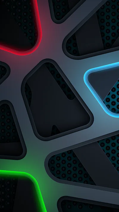 Grey struts branch over a hexagon mesh in 3D relief, red, blue and green light strips tracing three of the openings against near-black panels.