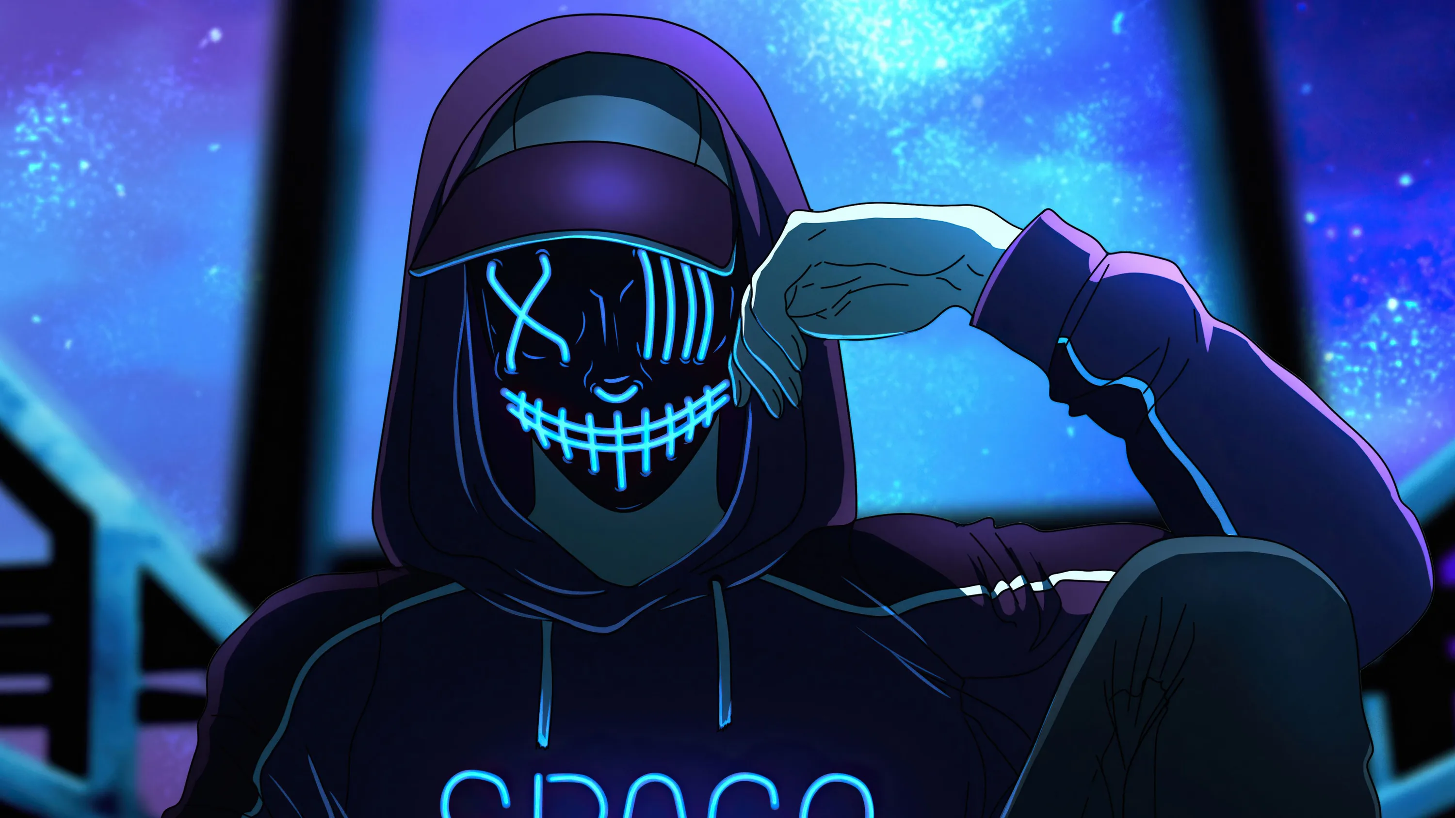 A hooded figure leans back with a glowing stitched-grin LED mask, cool blue light washing the room, lettering printed on the hoodie's chest.