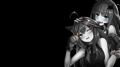 A pair of dark-haired girls lean together in greyscale, only their blue eyes and a small orange bow carrying any colour.