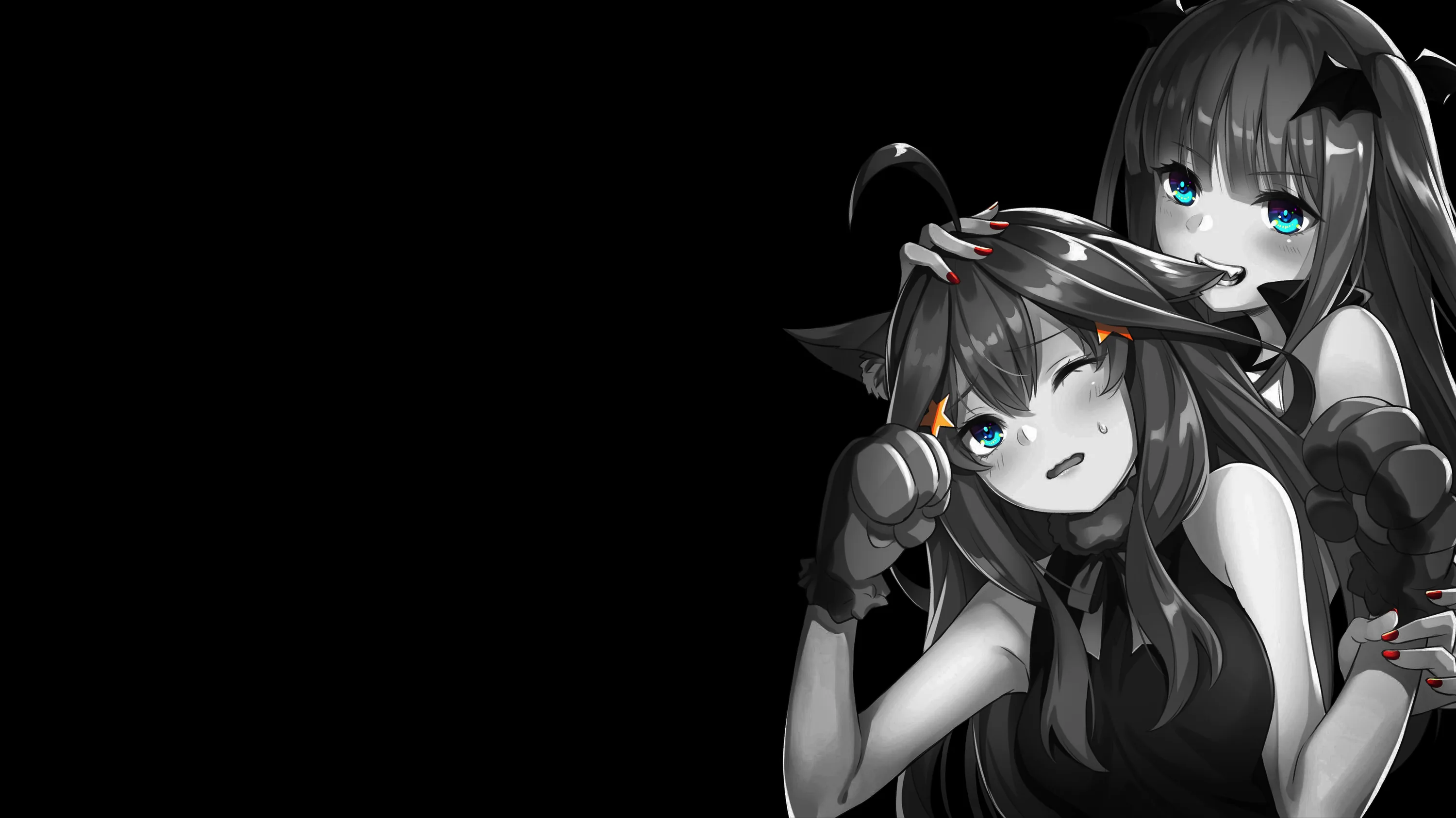 A pair of dark-haired girls lean together in greyscale, only their blue eyes and a small orange bow carrying any colour.