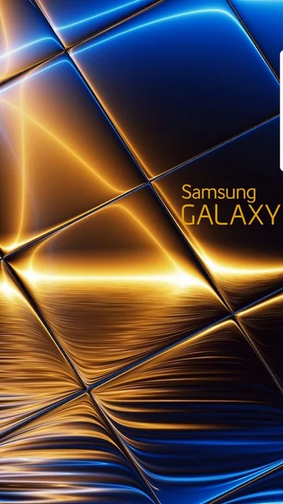 Golden beams cross like a lattice over rippled reflections below, the Samsung Galaxy wordmark set right of centre against a deep blue upper corner.