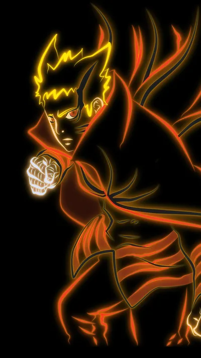 A figure in a red cloak traced in glowing yellow and orange neon lines, flame shapes trailing off the edges into black.