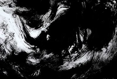 White ink billows and tears apart across black, the edges hard and grainy like a photocopy of smoke.