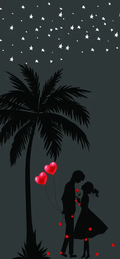 A silhouetted couple with red heart balloons stand beneath a palm on a slate-grey sky scattered with small white stars.