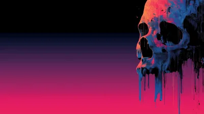 A skull painted in orange and teal melts down from the top right corner while the background fades from navy through magenta, the left half left empty.