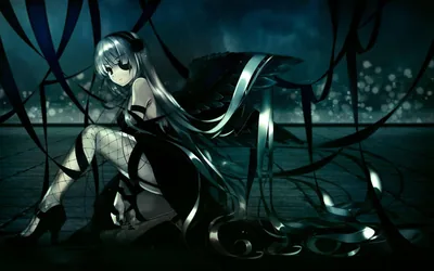 A teal-haired girl in a black dress crouches among torn dark ribbons, bokeh lights scattered across the deep blue night behind her.