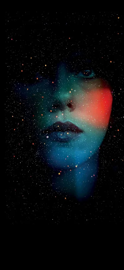 A woman's face surfaces out of a night sky scattered with stars, one cheek washed in teal and the other in red.